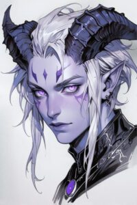 Tiefling mago de cabelos brancos