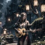 Barda elfa tocando violão em uma cidade a noite