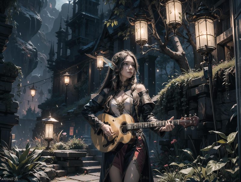 Barda elfa tocando violão em uma cidade a noite