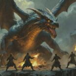 Grupo de aventureiros enfrentando um dragão